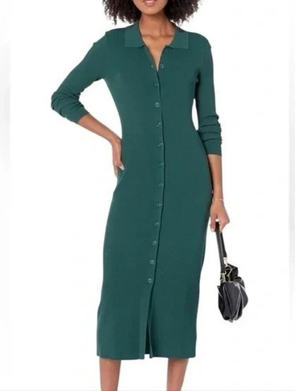 The Drop Ribbed Button-Down Midi Dress Forest Green